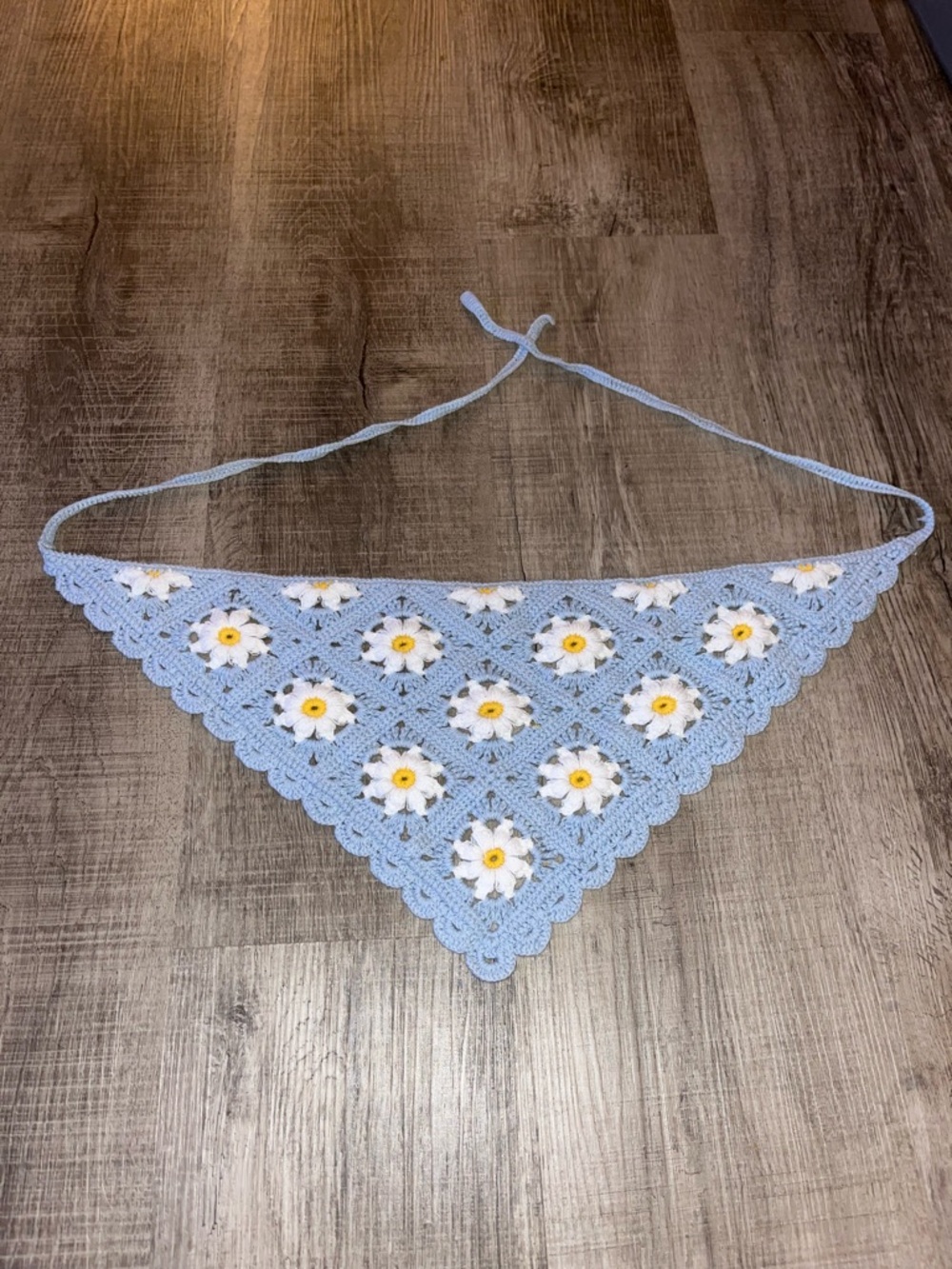 Handmade Light Blue Crochet Daisy Triangle Scarf Bandana
